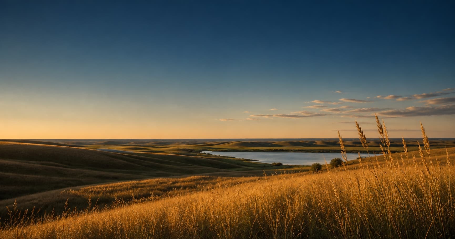 Expansive prairie landscape surrounding calm water at golden hour